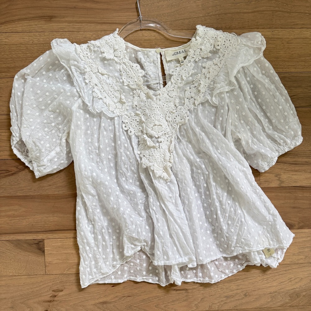 THE GREAT. Swiss Dot Blouse Womens Size 2 White Crochet Lace Ruffle Puff Sleeve - Picture 2 of 15